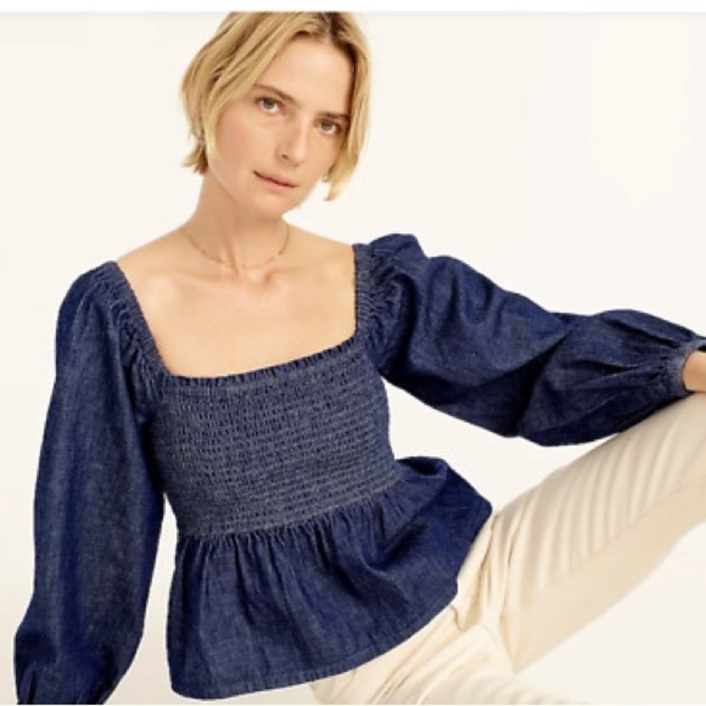 J.‎ Crew Dark Blue Chambray Smocked Puff Sleeve Top Peasant Milkmaid